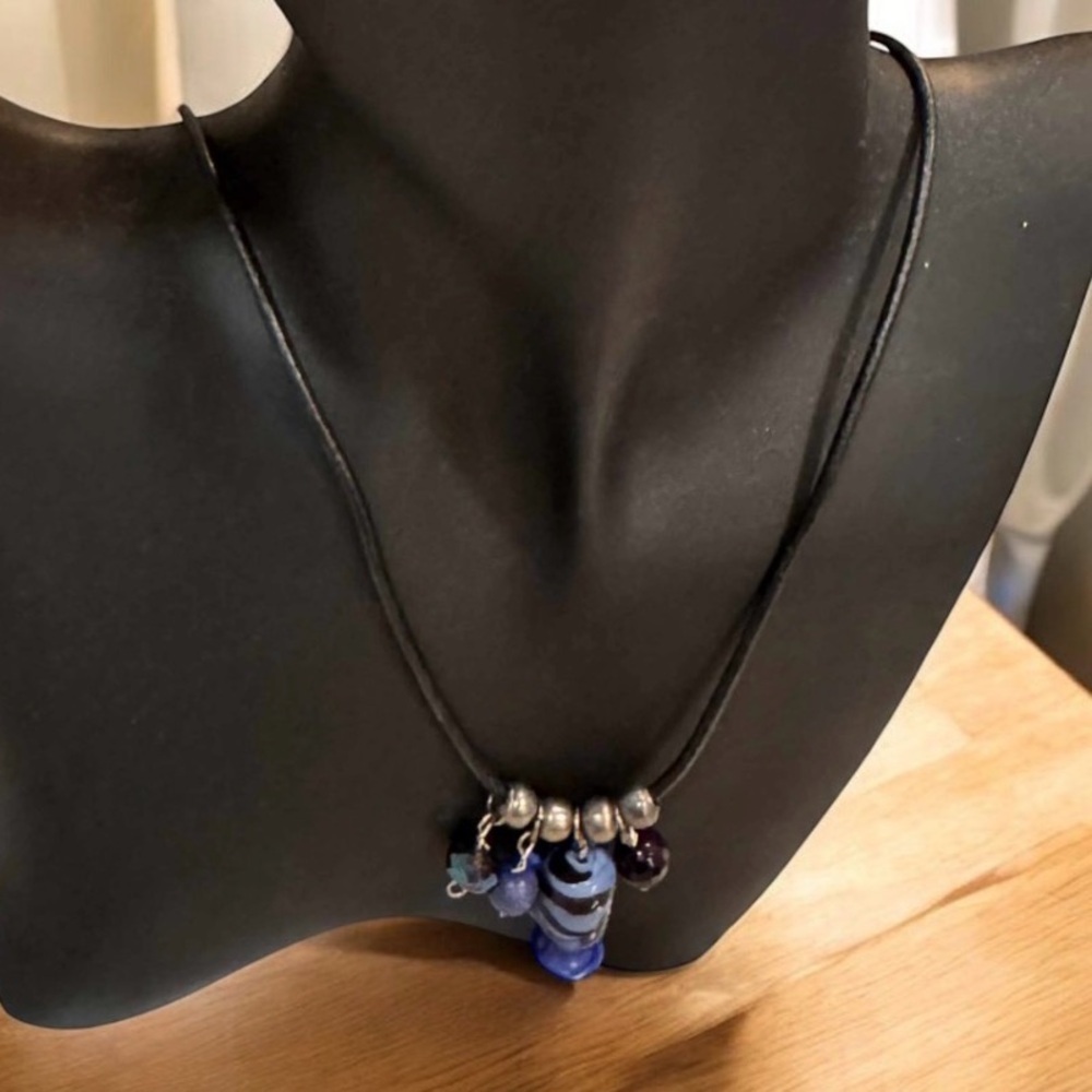 Cord necklace Elegant Blue and Silver Beaded